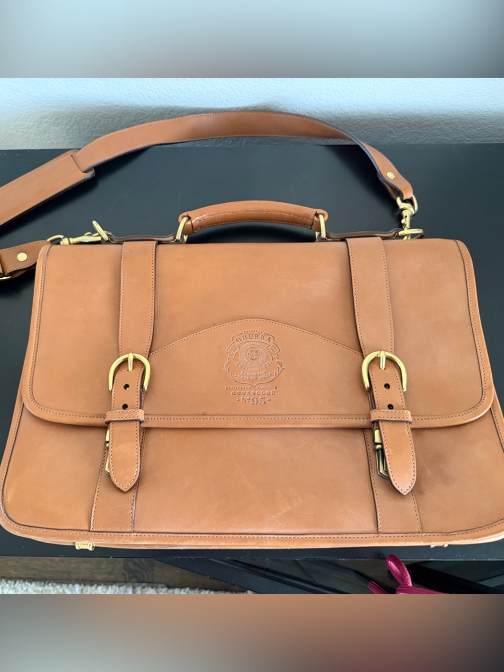 Ghurka Tan Leather Briefcase with Gold Brass Hardware